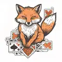 Small minimal fox sitting on a square background, accented by calligraphy brush strokes, with 4 large Aces playing cards tattoo design idea