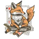 Small minimal fox sitting on a square background, accented by calligraphy brush strokes, with 4 large Aces playing cards tattoo design idea