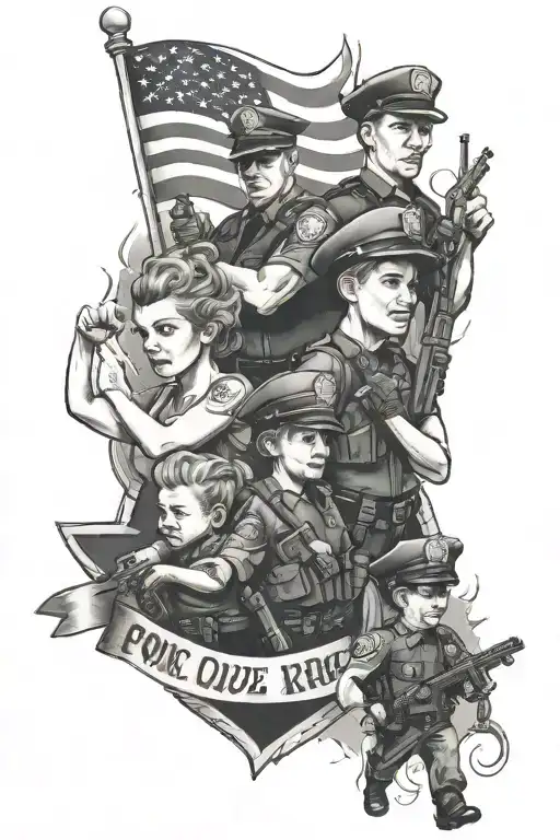 police, three kids, wife, America  tattoo design idea