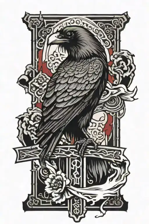 Raven sitting on a bloody cross tattoo design idea