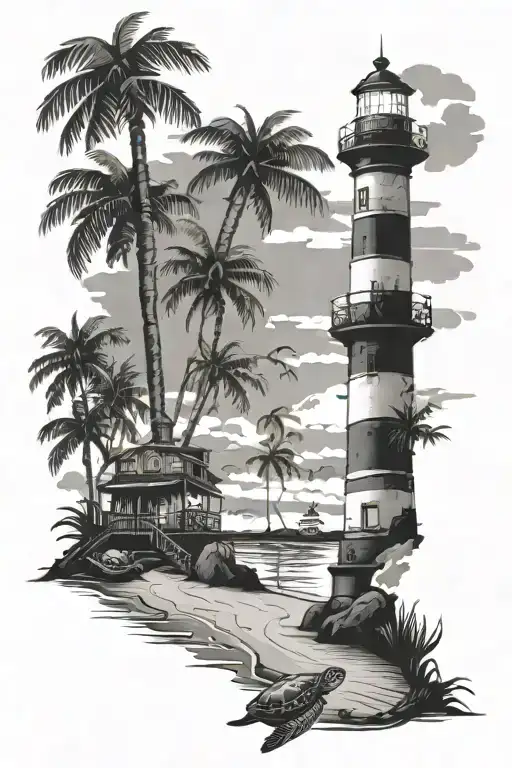 beach, turtles, pier, palm trees, lighthouse  tattoo design idea