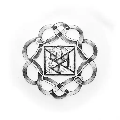 A blackwork tattoo of a BTS logo intertwined with crafting materials like scissors and paintbrushes tattoo design idea