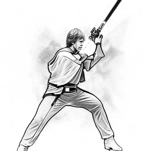 A realistic depiction of a lightsaber duel between Luke Skywalker and Darth Vader, with sparks flying tattoo design idea