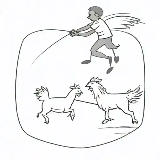 one black boy and one white, one with a blow dart. Chasing a chicken around the yard. tattoo design idea