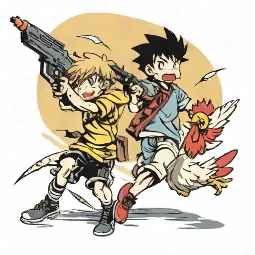 Two boys with a blow dart gun chasing a chicken around. tattoo design idea