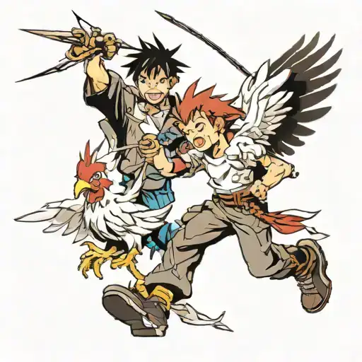 Two boys, one with a blow dart, chasing a chicken around. tattoo design idea