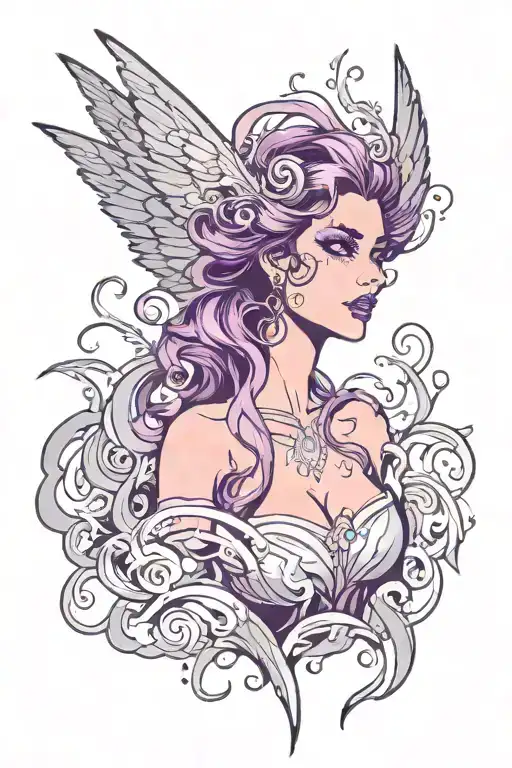 Magical woman with violet eyes and wings with violet smoke tattoo design idea