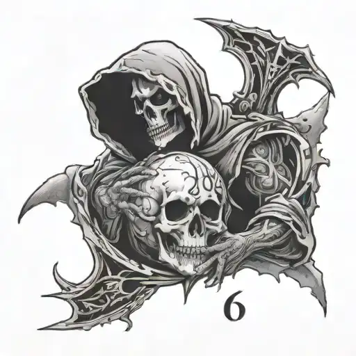 a right side chest tattoo of the reaper as juice wrld, hold a sphere that reads "666" and in the eyes of his skull shows tattoo design idea