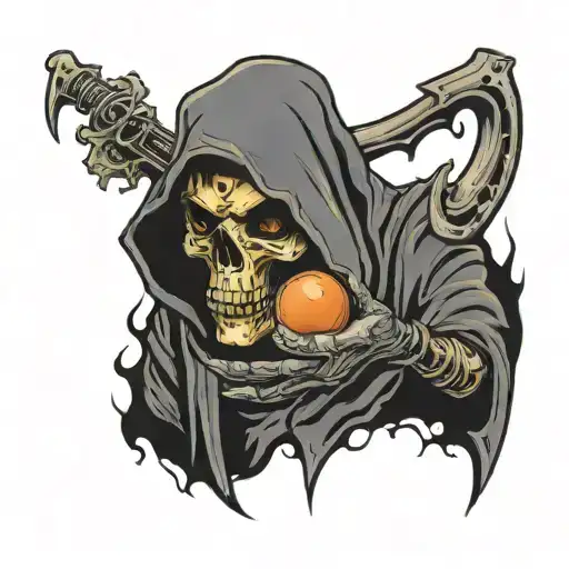 a right side chest tattoo of the reaper as juice wrld, hold a sphere that reads "666" and in the eyes of his skull shows tattoo design idea