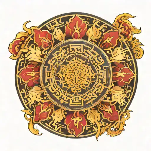 Chinese mandala incorporating words ROWAN RODOLPHE  tattoo design idea