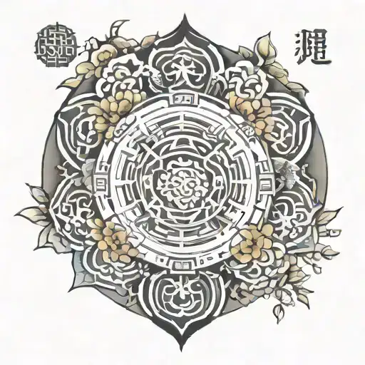 Chinese mandala incorporating words ROWAN RODOLPHE  tattoo design idea
