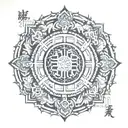 Chinese mandala incorporating words ROWAN RODOLPHE  tattoo design idea