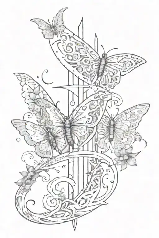 dagger, butterfly and crescent moon leading into the words "parmi les étoiles" spine tattoos   tattoo design idea