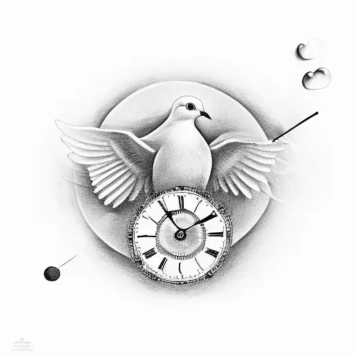 Dove with a clock behind it, holding an hourglass tattoo design idea