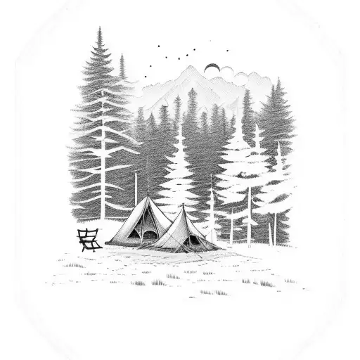 A serene camping scene with a roaring bonfire surrounded by tall pine trees tattoo design idea