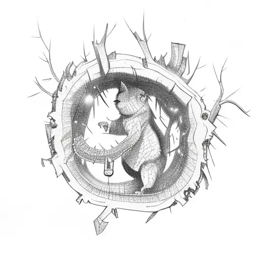 A chainsaw cutting through a fallen tree with sparks flying tattoo design idea