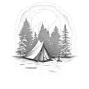 A serene camping scene with a roaring bonfire surrounded by tall pine trees tattoo design idea