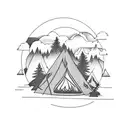 A serene camping scene with a roaring bonfire surrounded by tall pine trees tattoo design idea