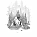 A serene camping scene with a roaring bonfire surrounded by tall pine trees tattoo design idea