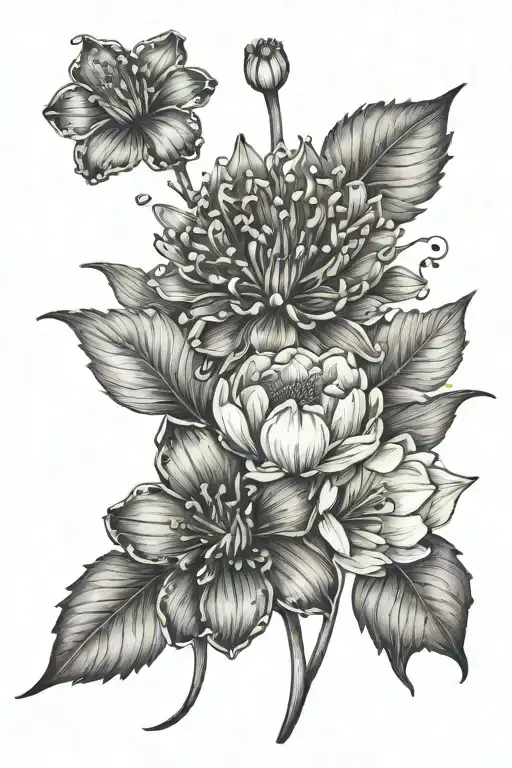 poppie carnation water lilly daffodil bouquet tattoo design idea