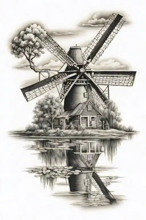 dutch windmill, holland, lion, tulip, canal scene reflected tattoo design idea