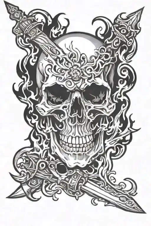 Skull with flame swords And tattoo design idea