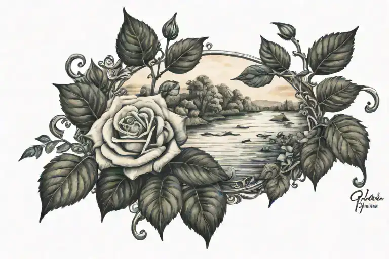 river, sky, rose, ivy, dam, embers tattoo design idea