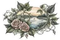 river, sky, rose, ivy, dam, embers tattoo design idea