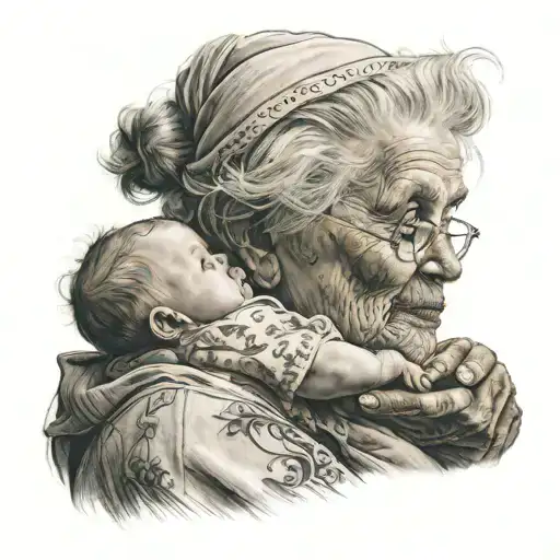 dead grandma holding baby boy tattoo design idea