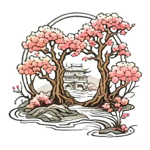 path of cherry blossom trees tattoo design idea