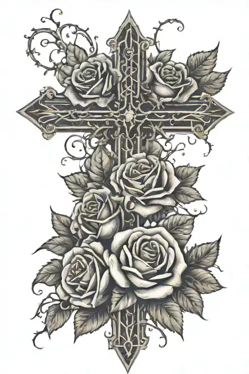 cross and roses with thorns wrapped tattoo design idea