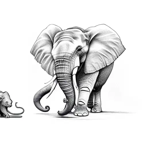 An elephant and a mouse that is a third of the size of the elefant sharing a suitcase and walk in the same direction tattoo design idea