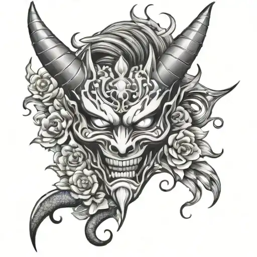 demon mask with dragon, flowers, eyes, fangs tattoo design idea