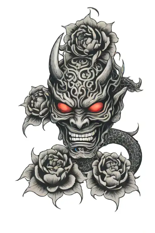 Demon mask with dragon, peony flowers, demon eyes, fangs tattoo design idea