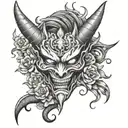 demon mask with dragon, flowers, eyes, fangs tattoo design idea