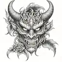 demon mask with dragon, flowers, eyes, fangs tattoo design idea