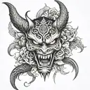 demon mask with dragon, flowers, eyes, fangs tattoo design idea