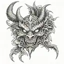 demon mask with dragon, flowers, eyes, fangs tattoo design idea