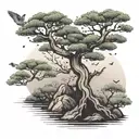 bonsai tree with branches and leaves in wind turning into birds  tattoo design idea