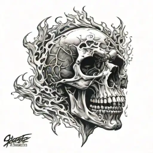 skull on fire, open mouth  tattoo design idea