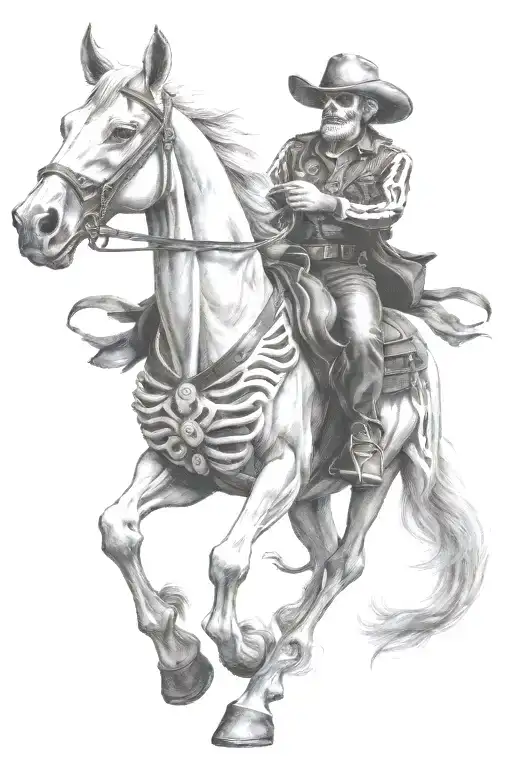 skeleton cowboy, skeleton horse, skeleton, lone rider tattoo design idea