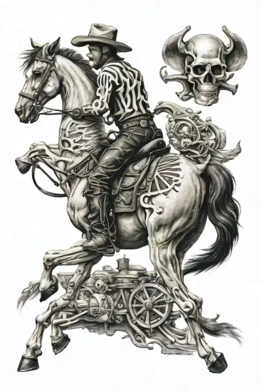 skeleton cowboy, skeleton horse, professional photography, detailed tattoo design idea