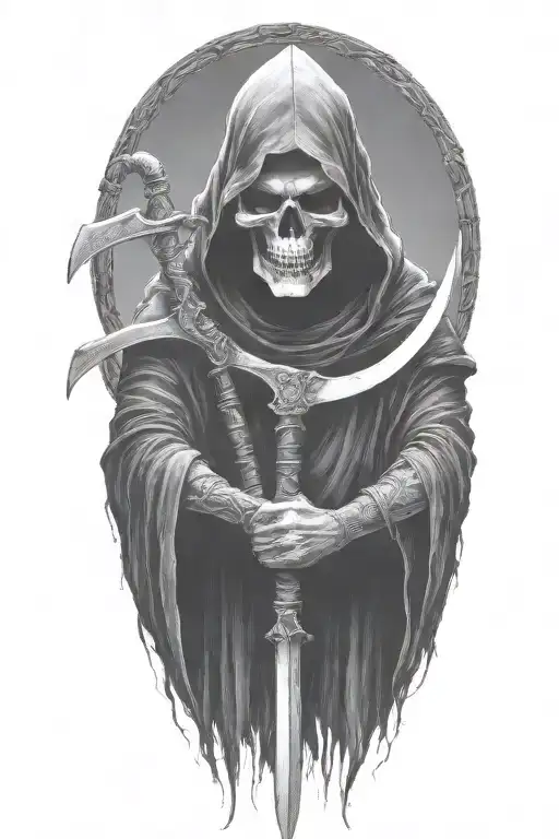 hooded Reaper, darkness,, scary, holding a scythe, blade tattoo design idea