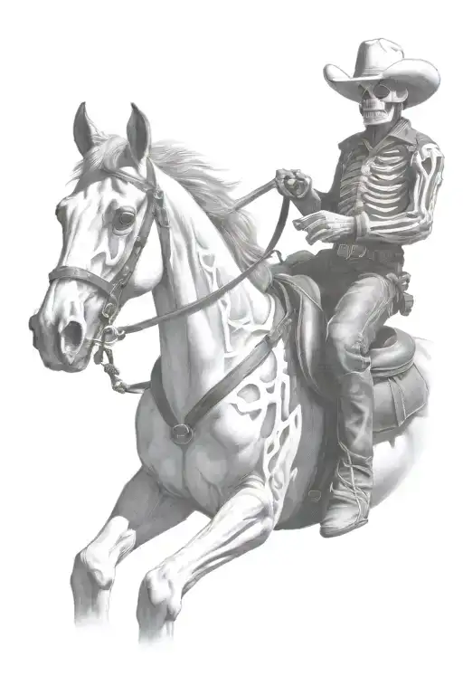 skeleton cowboy, skeleton horse, black and white, detailed tattoo design idea
