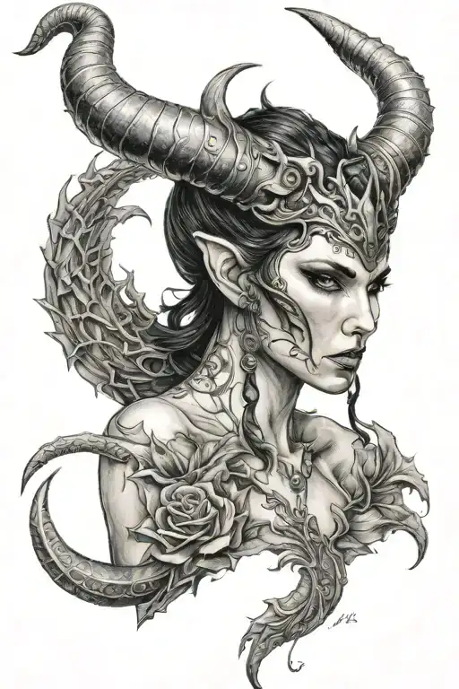 succubus, small head horns, attractive woman, seductive, large reasted, symetrical horns, full body tattoo design idea