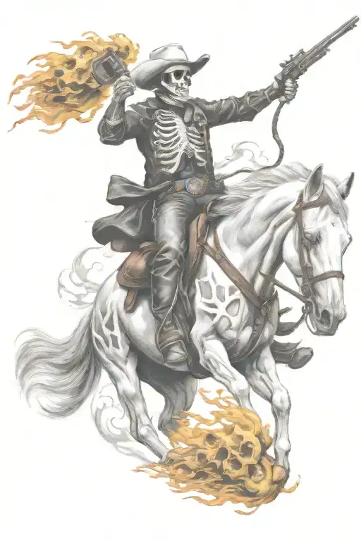 skeleton cowboy, skeleton horse, fire tattoo design idea