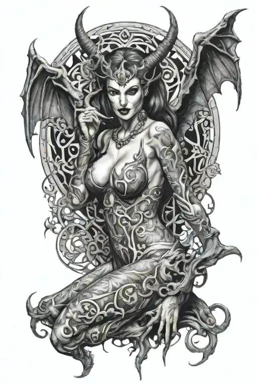 succubus, full body, tattooed, large breasted, attractive woman, large twisted horns, demoness, seductive, detailed tattoo design idea