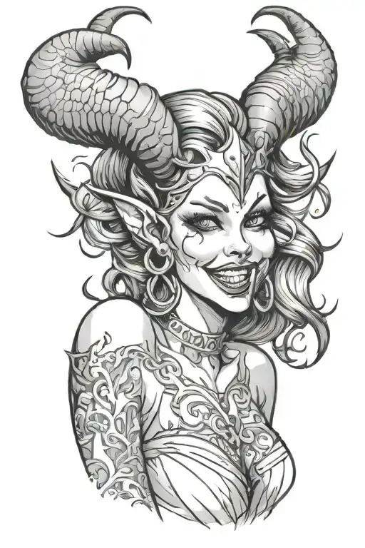 succubus, seductive, tongue out, sexual, large breasted, attractive woman, demoness, twisted horns, smiling tattoo design idea