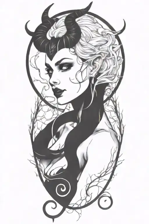 succubus, smoke, thorns, seductive, attractive woman, horns, symetrical  tattoo design idea