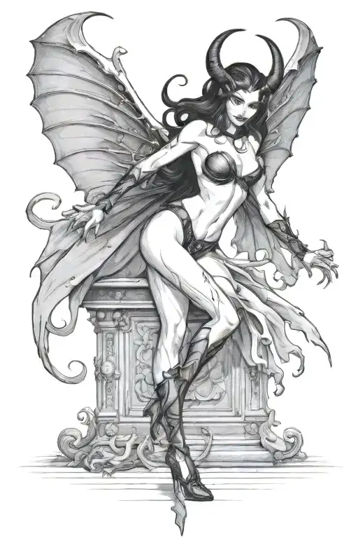 succubus, standing, heels, batwings, large breasted, laced clothing, attractive woman, large horns, seductive, togue out tattoo design idea